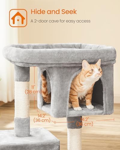 Feandrea Cat Tree, 33.1-Inch Cute Cat Tower, Plush Kitten Condo, Light Gray