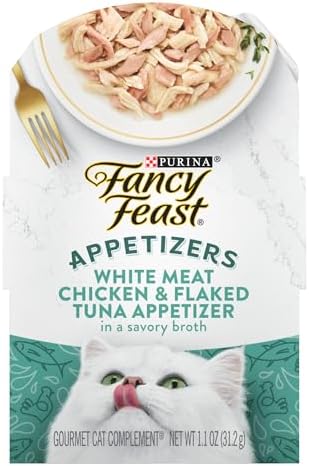PURINA Fancy Feast Appetizers Lickable Grain Free Wet Cat Food Topper White Meat Chicken and Flaked Tuna Appetizer - (Pack of 10) 1.1 oz. Trays
