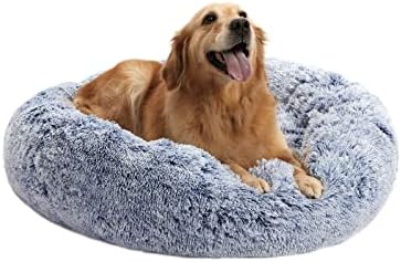 Bedfolks Calming Fluffy Donut Dog Bed for Large Dogs,Navy Blue, 36" Round