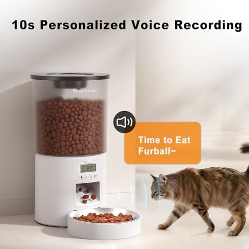 Automated Cat Feeder,Clear 4.2L Dry Food Dispenser with Single Bowl,Programmable Timed Pet Feeder for Up to 6 Daily Meals,10-Second Voice Message & Dual Power Backup (White, 4.2L Press Version)