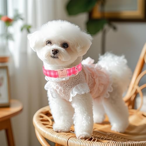 Pink Checkerboard Dog Collar, Classic Girly Plaid Dog Collars, Adjustable Heavy Duty Girl Dogs Collar for Small Medium Large Dogs with Metal Buckle M