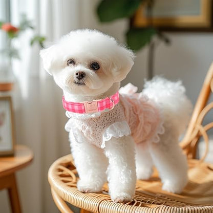 Pink Checkerboard Dog Collar, Classic Girly Plaid Dog Collars, Adjustable Heavy Duty Girl Dogs Collar for Small Medium Large Dogs with Metal Buckle XL