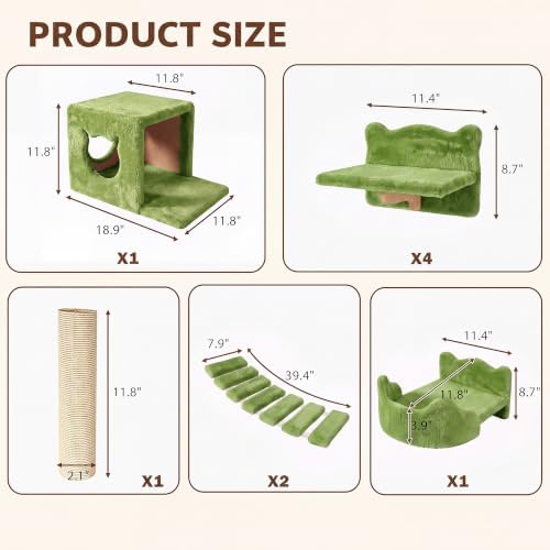 Cat Wall Furniture, 9 in 1 Cat Wall Shelves Set with Bridge, Green