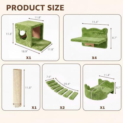 Cat Wall Furniture, 9 in 1 Cat Wall Shelves Set with Bridge, Green