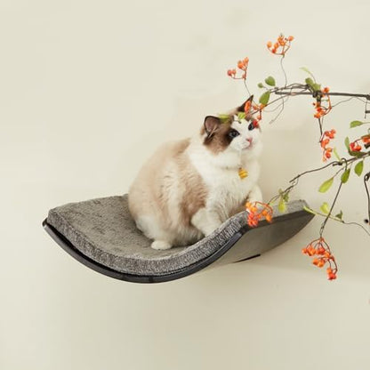 LIORCE Cat Shelf with Comfortable Cushion - Curved Modern Cat Bed (Large Size) - Lotus Leaf Design Cats Wall Perch - Wall Mounted Cats Furniture for Sleeping, Playing, Climbing, and Lounging, Walnut
