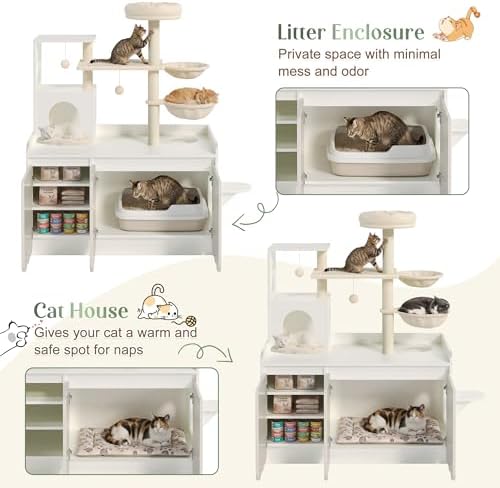 Cat Tree with Litter Box Enclosure, 50.6" Cat Tower & Condo, White