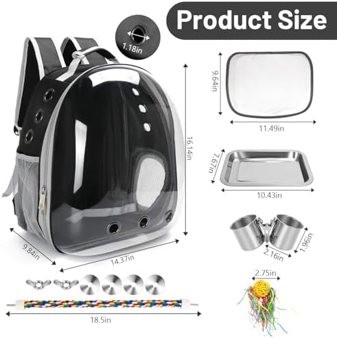 Bird Backpack Carrier, Travel Bird Cage for Small Medium Size Parrot Parakeet Budgies Cockatiel, Portable Clear Bubble Window Bag with Stainless Steel Tray Food Bowl Standing Perch (Black)