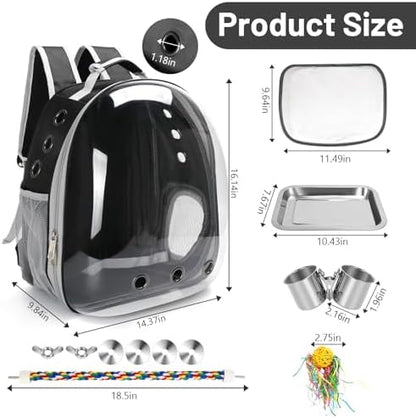 Bird Backpack Carrier, Travel Bird Cage for Small Medium Size Parrot Parakeet Budgies Cockatiel, Portable Clear Bubble Window Bag with Stainless Steel Tray Food Bowl Standing Perch (Black)