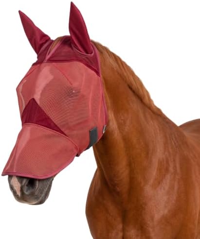 Dansydaisy Horse Fly Mask with Long Nose & Ears, Breathable Full Face Flymask, UV Block, 3D Eye Protection, for Quarter Horses, Warmbloods, Thoroughbreds, Other Standard Head-Type Horses (Burgundy)