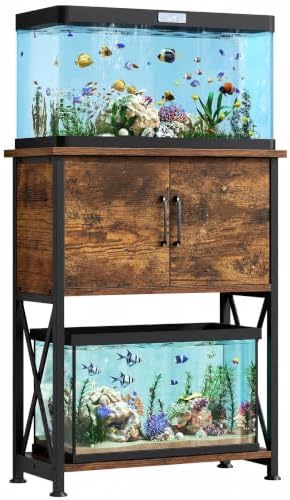 Herture 5-10 Gallon Fish Tank Stand, Metal Double Aquarium Stand with Cabinet for Fish Tank Accessories Storage, Heavy Duty 20.5" L* 11.02" W Tabletop, 500LBS Capacity Rustic Brown and Black PG06YGN