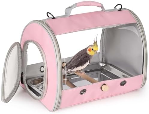 Bird Carrier, Portable Small Bird Parrot Parakeet Carrier with Standing Perch and Stainless Steel Tray, Side Access Window Collapsible (Pink, Cylinder Design - Clear)