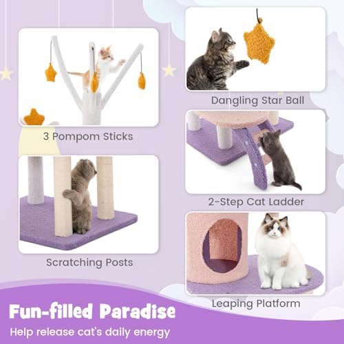 PETSITE Star and Moon-Themed Cat Tree Tower, Multi-Level Modern Cat Tower with Sisal Scratching Posts, Cat Condo, Side Hammock, Hanging Dangling Toys, Cute Cat Tree for Indoor Cats (62 Inch Tall)