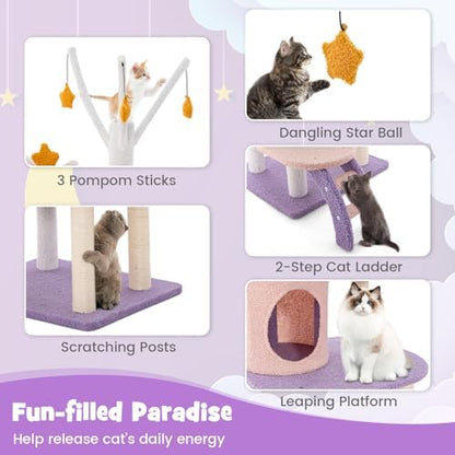 PETSITE Star and Moon-Themed Cat Tree Tower, Multi-Level Modern Cat Tower with Sisal Scratching Posts, Cat Condo, Side Hammock, Hanging Dangling Toys, Cute Cat Tree for Indoor Cats (62 Inch Tall)