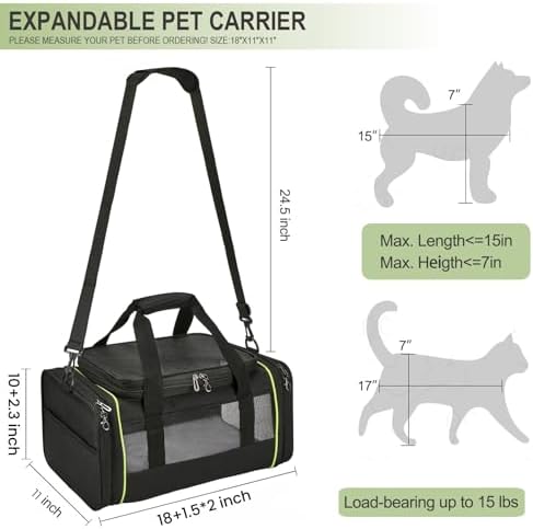 Black Expandable Pet Carrier for Cats/Dogs - Airline Approved, 2-Side & Height Extendable Design - Soft Sided Travel Bag(Black)