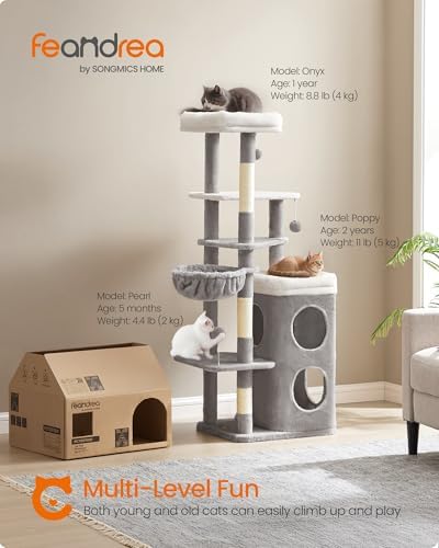 Feandrea Cat Tree Indoor, 60" Multiple-Level Plush Cat Tower, Dove Gray