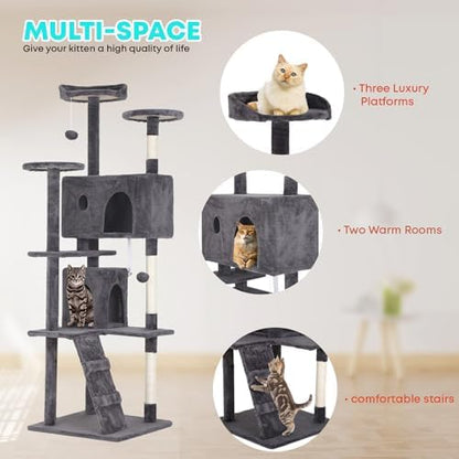 FDW | 70" Cat Tree Tower | Light Gray | Multi-Level Indoor Activity Center with Sisal Scratching Posts, Condos, Plush Perches, Hanging Cat Toys | Sturdy, Easy to Assemble | for Kittens & Adult Cats