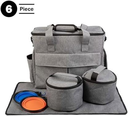 Dog Travel Bag - Cat and Dog Storage Organizer with Pockets, Mat, 2 Food Containers, and 2 Large Collapsible Travel Pet Bowls by PETMAKER (Gray)