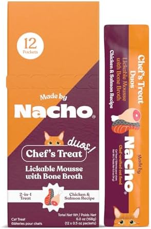 Made by Nacho Lickable Cat Treats Mousse Tubes 12 Count with Bone Broth Chicken and Salmon Recipe (.5 oz) No Grains, Corn, Wheat or Soy