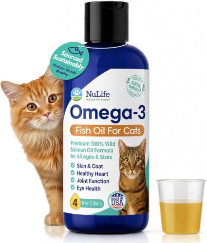 Premium Omega 3 Fish Oil for Cats - Wild Alaskan Salmon Oil Supplement for Skin and Coat - Liquid Cat Supplement for Shedding Control & Cat Dandruff (4, Fluid Ounces)