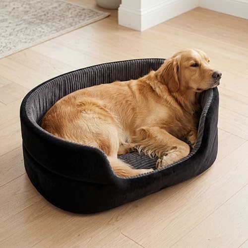 Large Dog Bed Cat Bed 20x30 Inch,Calming Pet Bed for Dogs & Cats,Machine Washable Dog Bed,Half-Enclosed Open-Top Velvet Anti-Anxiety Bed,Cozy Snuggle Bed (Black)