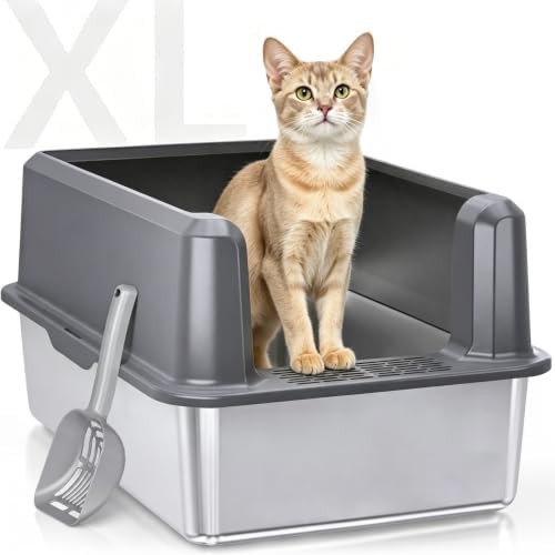 Stainless Steel Litter Box, Open Top High Sided Cat Litter Box for Big Cat