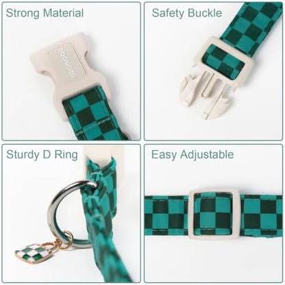 DOGWONG Green Checked Dog Collar, Green Plaid Pretty Cute Girl Dog Collar,Girl Boy Dogs Collars for Small Medium Dogs, Neck 14-21 inches