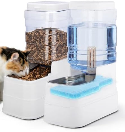 2 Pack Automatic Cat Feeder and Water Dispenser 1.3Gallon Dog Gravity Food Feeder and Water with Ice Pack Stainless Steel Dry Food and Waterer Bowl for Small Medium Large Pets (White)