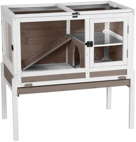 GUTINNEEN Guinea Pig Cages with Anti Chewing Sturdy Plastic Floor and Cool Zinc Plate, Indoor Rabbit Hutch with Hideout and Platform, Elevated Legs Hamster Cage 36.6" L (Brown)