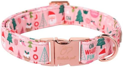Christmas Dog Collar for Small Dogs - Adjustable Pink Christmas Collars for Dogs with Cute Santa&Tree Print, Heavy-Duty Winter Cotton Puppy Collar with Metal Buckle S