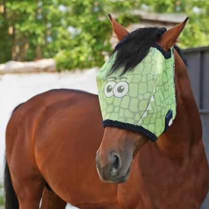 Harrison Howard All Round Mesh Horse Fly Mask UV Protective with Fleece Padded Edging and Fun Prints Forelock Opening Design Mask for Horse Crocodile Large