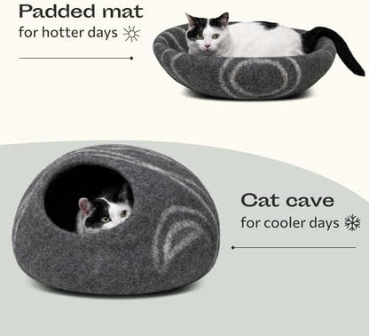 MEOWFIA Cat Cave – Premium Felt Cat Bed Enclosure for Indoor Cats, Handmade Merino Wool (Dark Grey, Large) (Pack of 2)