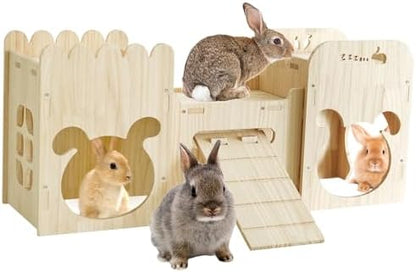 Large Natural Wooden Rabbit Castle,Bunny House,Detachable Rabbit Hideaway, Indoor Hamster Castle with Ramp, Small Animal Houses & Habitats for Guinea Pig Chinchilla Ferret
