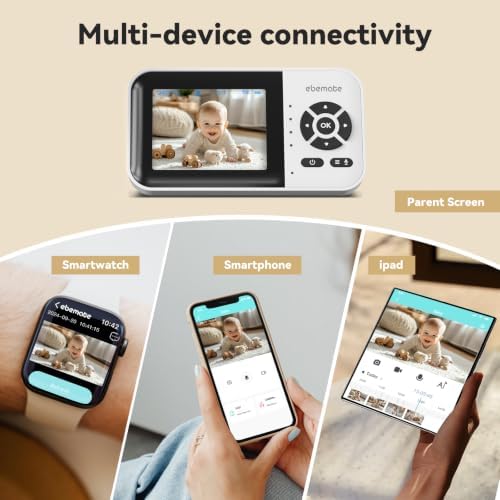 ebemate AI Baby Monitor with 1500ft Range, 2.8" Screen, Watch Viewing, Secure FHSS, Local SD & Cloud Storage, AI Cry Detection, Two-Way Talk, Private Infant Safety Camera EBES28-blk