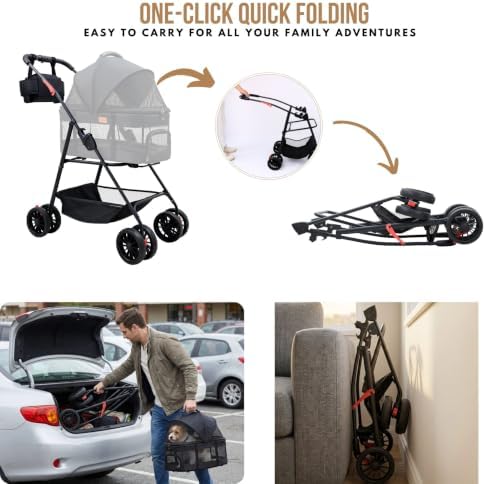 Bicystar 3 in 1 Pet Stroller, Cat Stroller w/Detachable Carrier, Black