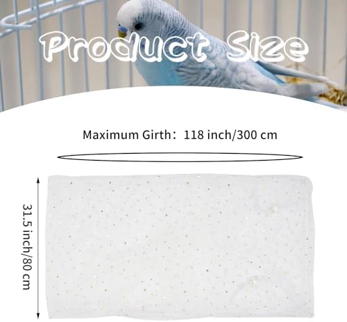 Daoeny Bird Cage Seed Catcher, Large Bird Cage Cover, Adjustable Soft Airy Nylon Mesh Net, Birdcage Cover Skirt Seed Guard for Parrot Parakeet Macaw African Round Square Cages (White, Sequins Star)