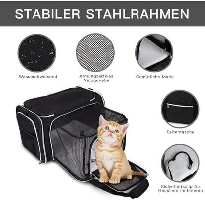 BAGLHER Expandable Cat Carrier with Travel Litter Box, Pet Travel 5 Sides Open Doors 3 Sides, Leak-Proof and Collapsible, for Car, Airplane Trip, Black