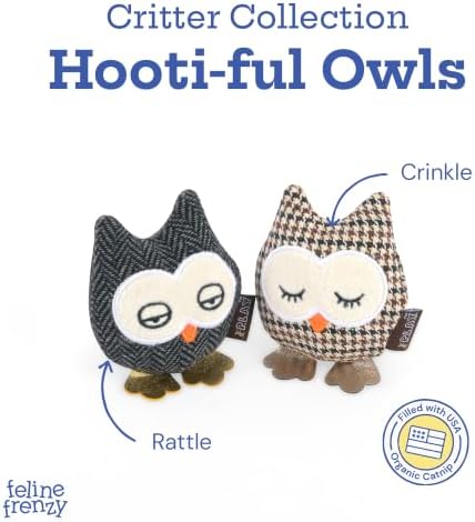 P.L.A.Y. PET Lifestyle and You Feline Frenzy HOOTIFUL Owls Plush Squeaky CAT Toy