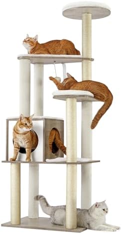 Feandrea Cat Tree, 64.6-Inch Multi-Level Tower with 5 Scratching Posts