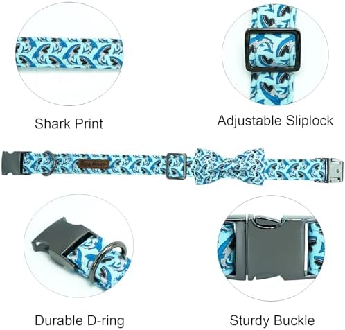 Dog Collar-Shark Print Adjustable Cute Pet Collar Soft Blue Dog Collars with Bow Tie Durable Cotton Metal Buckle Puppy Collar Gift for Small Dogs