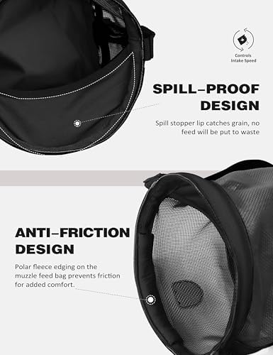 Harrison Howard Horse Muzzle Feed Bag Nylon Mesh Grain Feed Bag with Padded Neck Strap Adjustable Belt Black Large