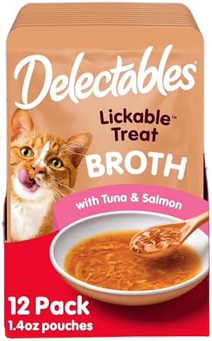 Delectables Lickable Treat Savory Broths Wet Cat Treat with Real Tuna & Salmon, Food Topper, Hydrating, Grain-Free, No Fillers, No By-Products, No-Added Preservatives, 1.4oz Pouch (Pack of 24)