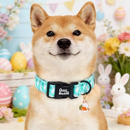 Dog Collars, Easter White Rabbit Print Blue Pet Collar Holiday Cute Durable Adjustable Pendant Gift Collar with Quick Release Plastic Buckle for Small Dogs