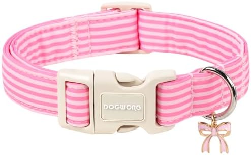 DOGWONG Pink Striped Girl Dog Collar for Small Medium Dog L