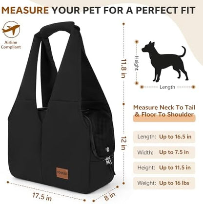Dog Purse Carrier for Small Dogs and Cats, Soft-Sided Pet Tote Bag with 6 Large Pockets, Collapsible Travel Puppy Carrier, Fits Pets up to 16 lbs (Black, 17.5" L x 8" W x 12" H)