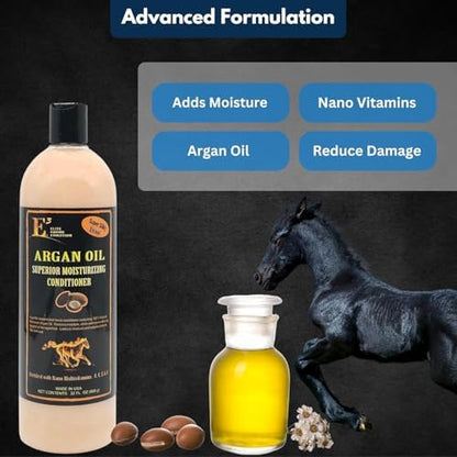 E3 Antibacterial Shampoo + E3 Argan Oil Conditioner Set for Horses and Dogs - Professional Grooming Duo (2 x 32 fl oz) - High-Shine, Detangling & Hydrating Formula for Manes, Tails, and Coats