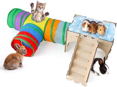 HIIMALEX Castle&Tunnel&Bed 3-in-1 Bunny's Gift Box: Extra Large Wooden Bunny Hideout with Ramp, Collasiple Tunnel and Soft Bed for Rabbit Guinea Pig Ferret Gerbil Hedgehog to Play Hide and Rest