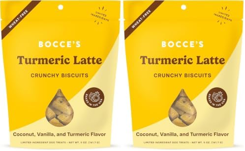 Bocce's Bakery Oven Baked Turmeric Latte Treats for Dogs, Wheat-Free Everyday Dog Treats, Made with Real Ingredients, Baked in The USA, All-Natural Biscuits, Coconut, Vanilla, & Turmeric, 5 oz