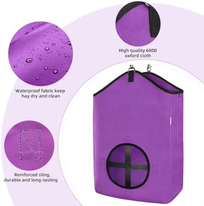 Hay Bags,Slow Feed Hay Bags for Horses,Goats,Donkeys with Reinforced Oxford Fabric and High Strength Metal Clasp,Horse Feeding Supplies with Strap for Easy Hanging (2 Purple)
