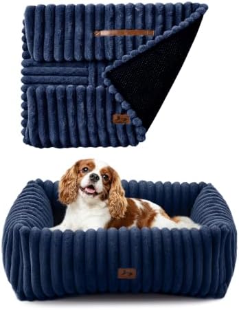 Washable Dog Bed Small Medium Size Dog, Rectangle Orthopedic Pet Bed for Car and Indoor,Fluffy Memory Foam Dog Beds with Anti-Slip Bottom,25 x21 x8 Inches,Navy