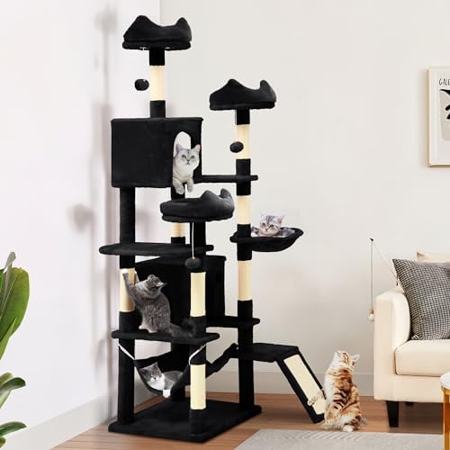 YITAHOME Tall Cat Tree for Indoor Cats, 75 inch Multi-Level Cat Tower with Cat Condos, Top Perches, Sisal Ramp Scratching Posts, Cozy Basket, Hammocks, Large Cat Pet Activity Structure, Black